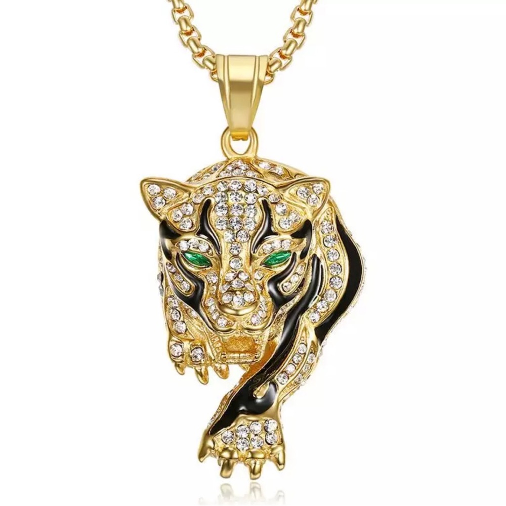 Growling tiger shiny gold emerald eye enamel pendant on chain necklace